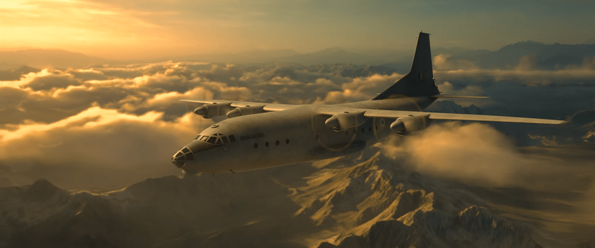 An Indian Air Force transport aircraft flying above mountain ranges at golden hour, surrounded by glowing clouds lit by the setting sun.